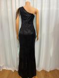 Slash Shoulder Chain Sequin Maxi Dress GMYU-2522