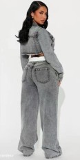 Fashion Denim Long Sleeve Coat Two Piece Pants Set GMYU-6518