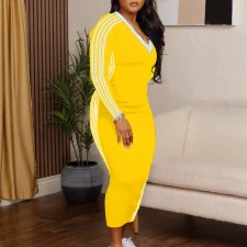 Plus Size Stripe Patchwork V Neck Long Dress ZDF-33107