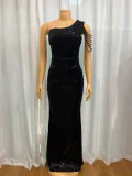 Slash Shoulder Chain Sequin Maxi Dress GMYU-2522