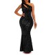 Slash Shoulder Chain Sequin Maxi Dress GMYU-2522