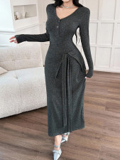 V Neck Long Sleeve Tie Up Maxi Dress GZJF-10207