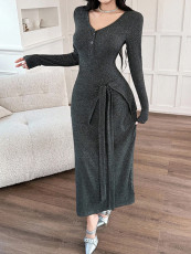 V Neck Long Sleeve Tie Up Maxi Dress GZJF-10207