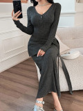 V Neck Long Sleeve Tie Up Maxi Dress GZJF-10207