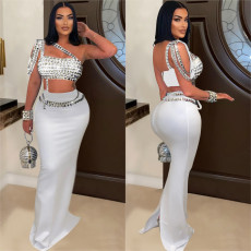 Hot Drill Slash Shoulder Tank Tops Long Skirts Suit GMYU-8628