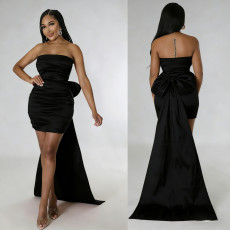 Solid Color Tube Top Trailing Mini Dress HNIF-001