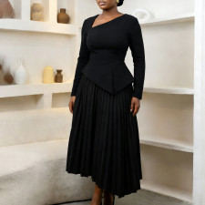 Plus Size Slash Neck Solid Color Midi Dress GATE-617