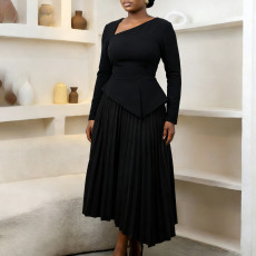 Plus Size Slash Neck Solid Color Midi Dress GATE-617