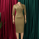 Plus Size Half Sleeve Lapel Midi Dress GATE-616