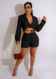 Long Sleeve V Neck Two Piece Shorts Set YD-1155