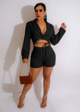 Long Sleeve V Neck Two Piece Shorts Set YD-1155