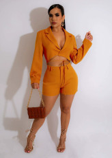 Long Sleeve V Neck Two Piece Shorts Set YD-1155