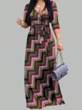 Print V Neck 3/4 Sleeve Maxi Dress XMY-N003