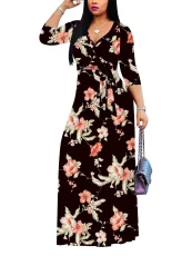 Print V Neck 3/4 Sleeve Maxi Dress XMY-N003