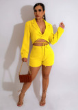 Long Sleeve V Neck Two Piece Shorts Set YD-1155