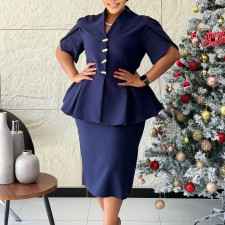 Plus Size Ruffles V Neck Solid Color Midi Dress GMLF-3358