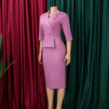 Plus Size Half Sleeve Lapel Midi Dress GATE-616