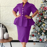 Plus Size Ruffles V Neck Solid Color Midi Dress GMLF-3358