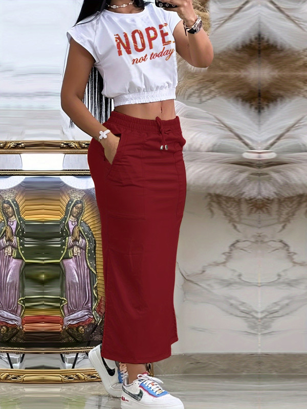 Letter Print O Neck T Shirt Long Skirt Set XMY-N004