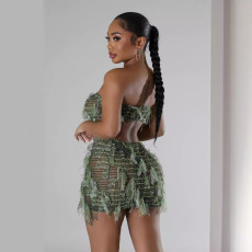 Plus Size Wrap Chest Top Two Piece Skirts Set GHXF-HX0401