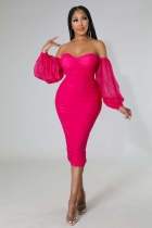 Plus Size Mesh Long Sleeve Midi Dress GHXF-HX0204
