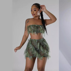 Plus Size Wrap Chest Top Two Piece Skirts Set GHXF-HX0401