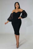 Plus Size Mesh Long Sleeve Midi Dress GHXF-HX0204