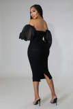 Plus Size Mesh Long Sleeve Midi Dress GHXF-HX0204