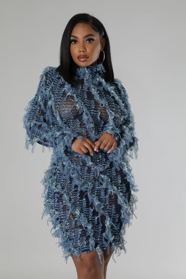 Plus Size Long Sleeve Mesh Tight Midi Dress GHXF-HX0381