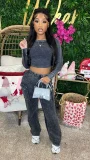 Plus Size Solid Color Long Sleeve Tops Two Piece Pants Set GHXF-HX0406