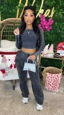 Plus Size Solid Color Long Sleeve Tops Two Piece Pants Set GHXF-HX0406