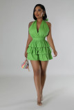 Plus Size Halterneck V Neck Ruffles Romper GHXF-HX0436