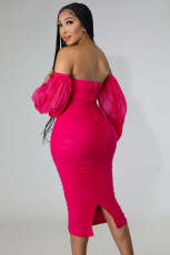 Plus Size Mesh Long Sleeve Midi Dress GHXF-HX0204