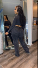 Plus Size Solid Color Long Sleeve Tops Two Piece Pants Set GHXF-HX0406