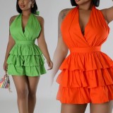 Plus Size Halterneck V Neck Ruffles Romper GHXF-HX0436