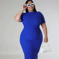 Plus Size Solid Color Short Sleeve Midi Dress GHXF-HX0308