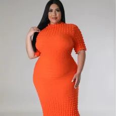 Plus Size Solid Color Short Sleeve Midi Dress GHXF-HX0308
