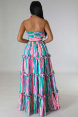 Plus Size Stripe Print Tube Top Maxi Dress GHXF-HX0260