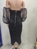 Plus Size Mesh Long Sleeve Midi Dress GHXF-HX0204