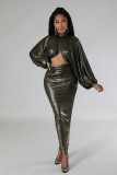Plus Size Solid Color Long Sleeve Long Skirt Set GHXF-HX0376