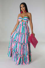 Plus Size Stripe Print Tube Top Maxi Dress GHXF-HX0260
