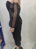 Plus Size Mesh Long Sleeve Midi Dress GHXF-HX0204