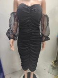 Plus Size Mesh Long Sleeve Midi Dress GHXF-HX0204