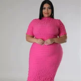 Plus Size Solid Color Short Sleeve Midi Dress GHXF-HX0308