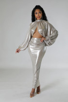 Plus Size Solid Color Long Sleeve Long Skirt Set GHXF-HX0376