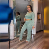 Plus Size Solid Color Long Sleeve Tops Two Piece Pants Set GHXF-HX0406