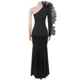 Solid Color Singlle Shoulder Long Sleeve Maxi Dress BY-7610
