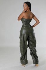 Plus Size Off Shoulder PU Leather Jumpsuit GHXF-HX0395