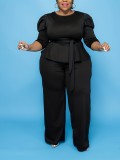 Plus Size Solid Color Tie Up Two Piece Pants Set GAWE-6222