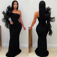 Solid Color Singlle Shoulder Long Sleeve Maxi Dress BY-7610